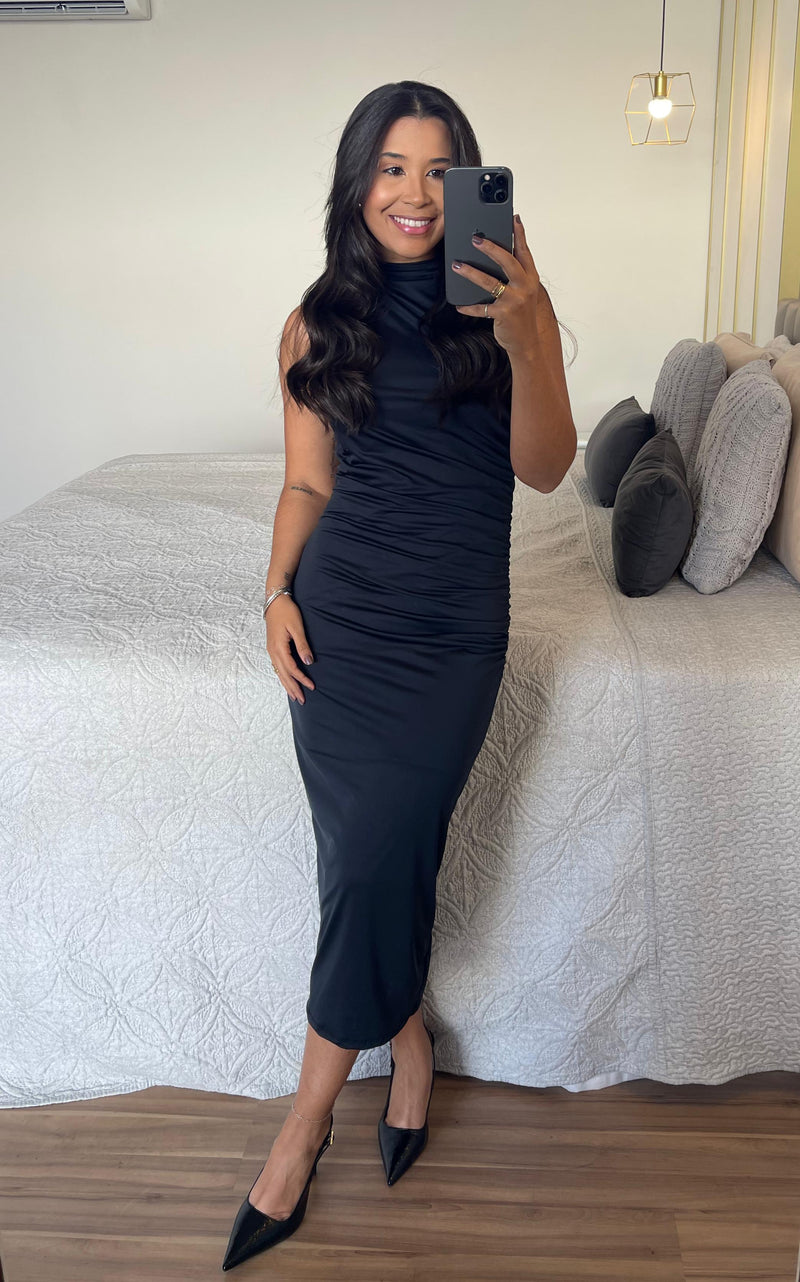Vestido Midi Drapeado- Tecido Suplex Duplo