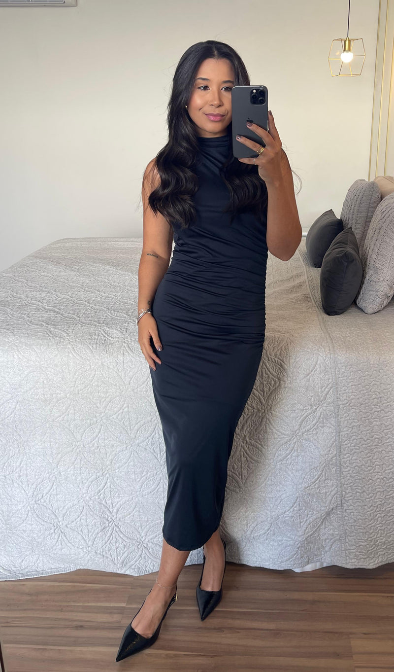 Vestido Midi Drapeado- Tecido Suplex Duplo