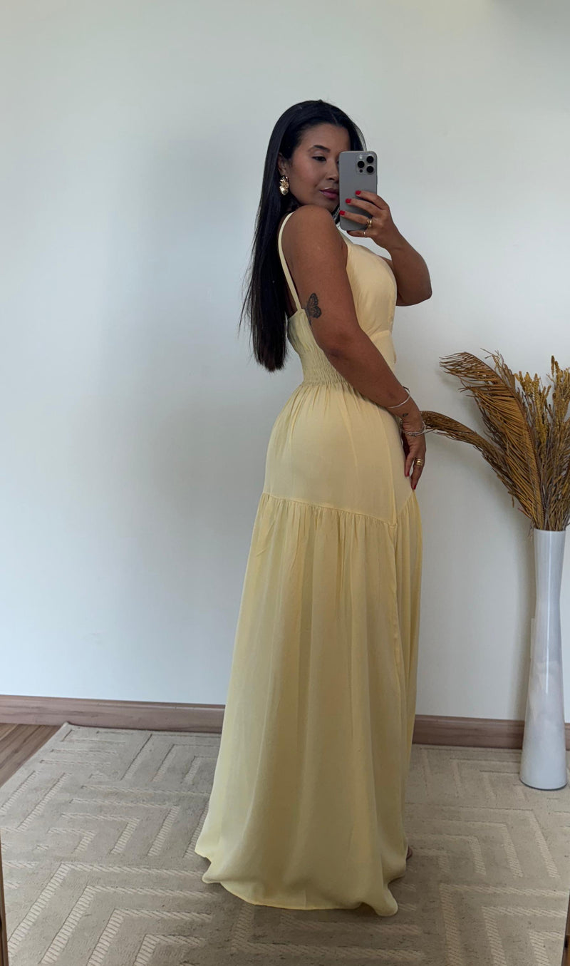 Vestido Serena -  Longo Viscose com Bojo e Detalhes Dourados