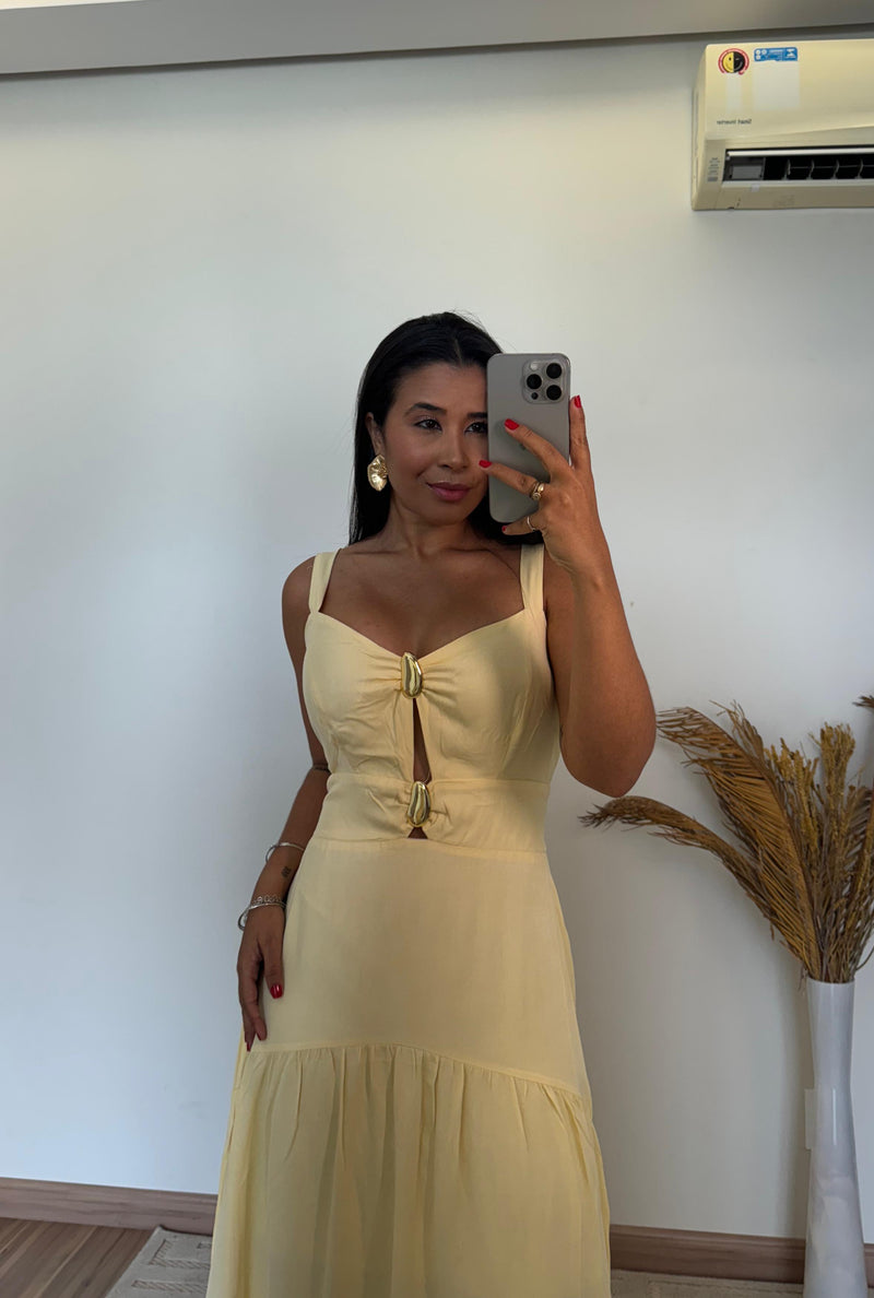 Vestido Serena -  Longo Viscose com Bojo e Detalhes Dourados