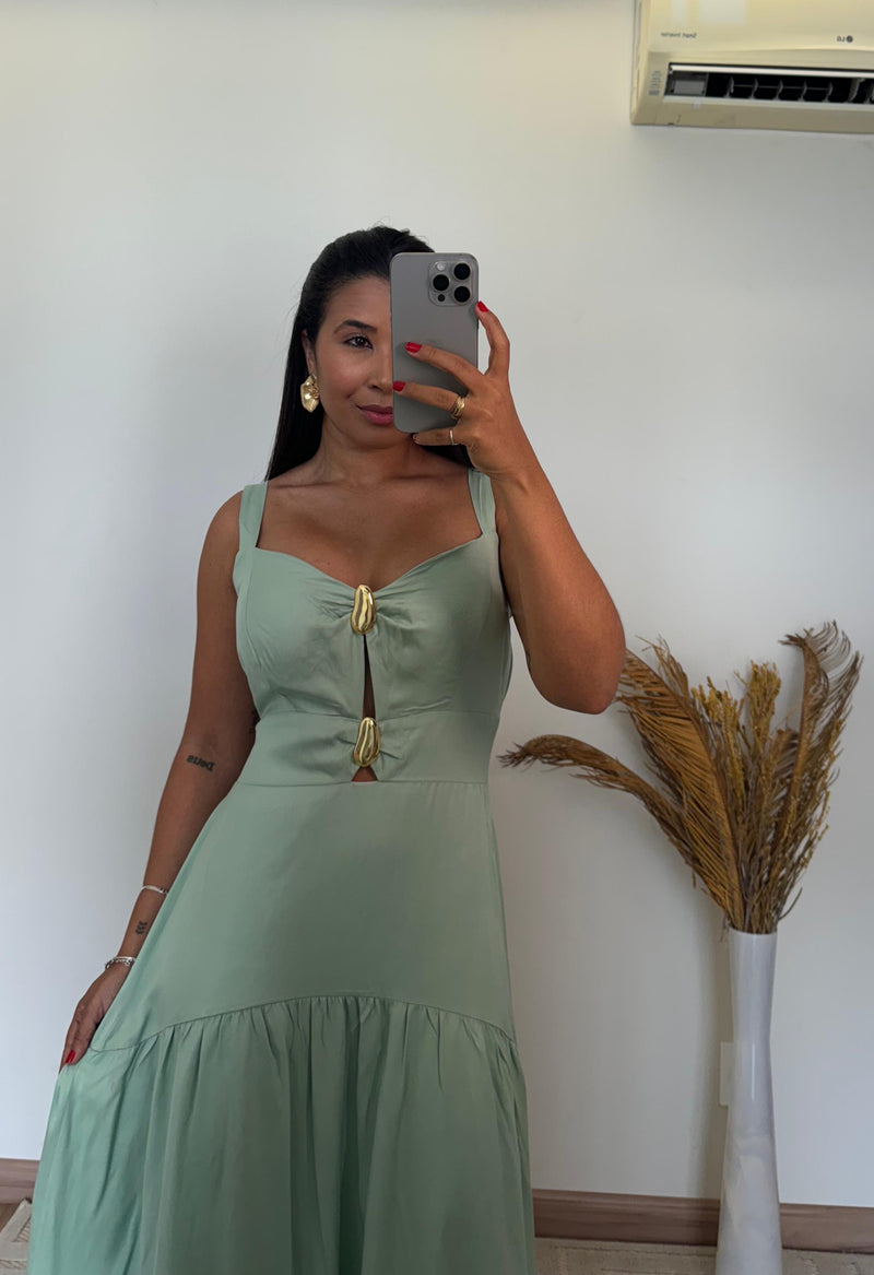 Vestido Serena -  Longo Viscose com Bojo e Detalhes Dourados