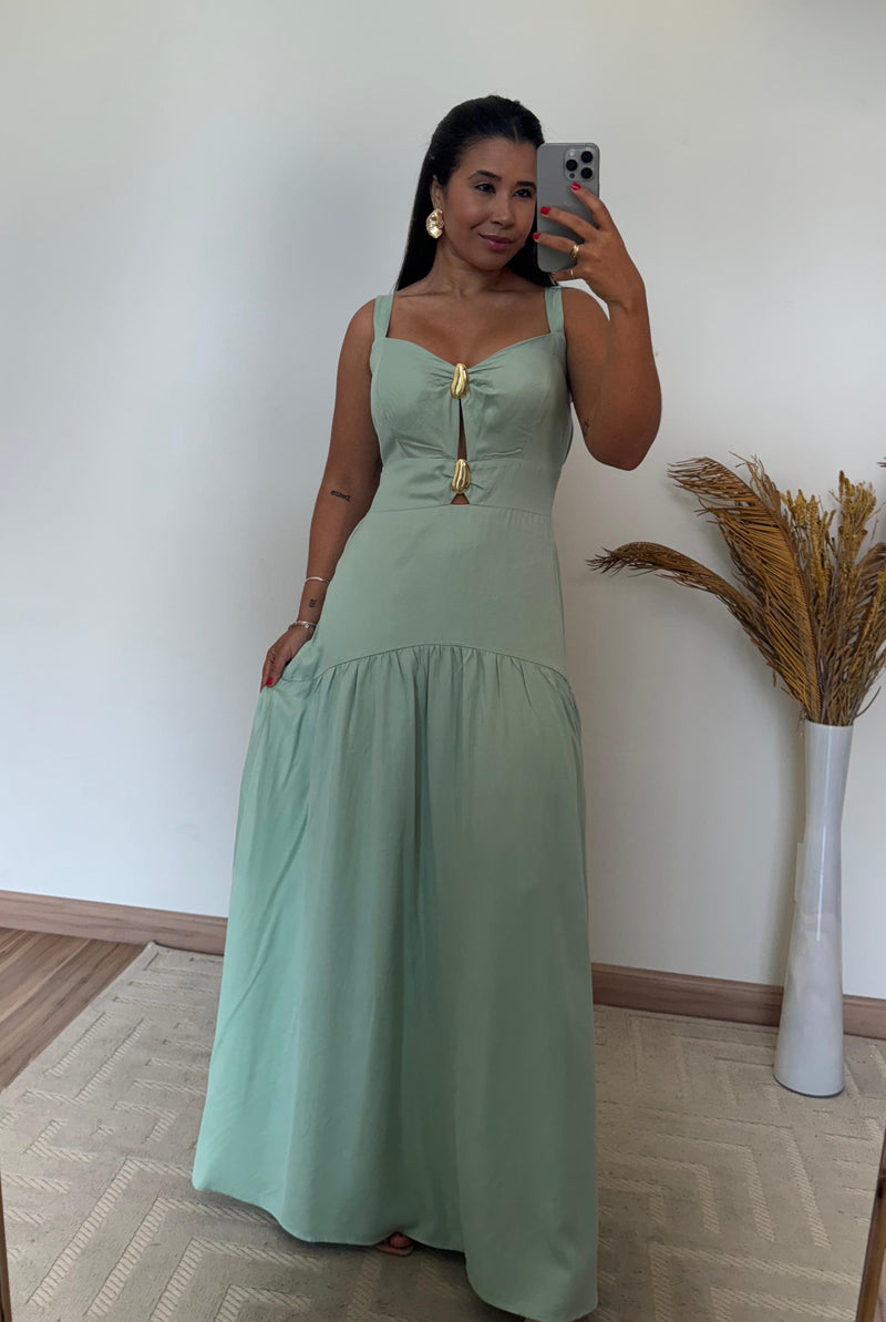 Vestido Serena -  Longo Viscose com Bojo e Detalhes Dourados