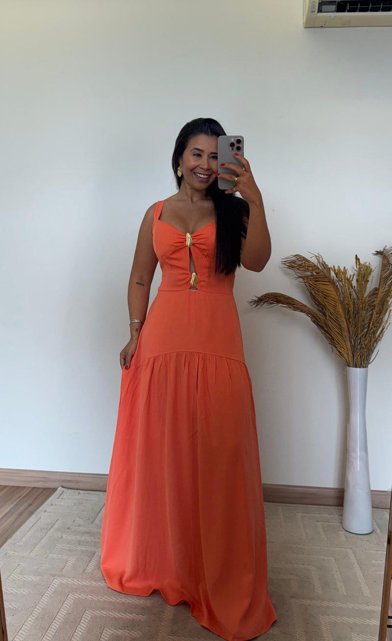 Vestido Serena -  Longo Viscose com Bojo e Detalhes Dourados
