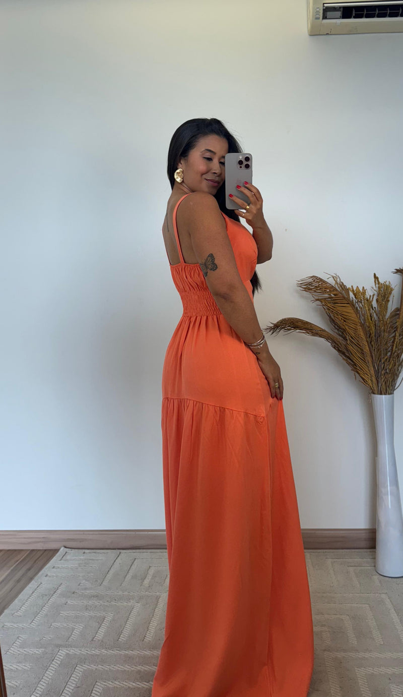 Vestido Serena -  Longo Viscose com Bojo e Detalhes Dourados